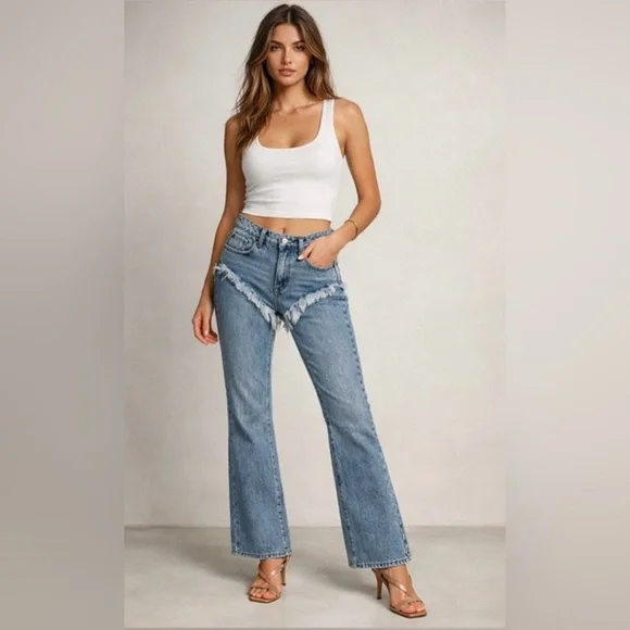 New! SER.O.YA Dahlia Western Frayed Fringe Blue Flare Jeans 🤠💙 size 26 - Picture 2 of 10